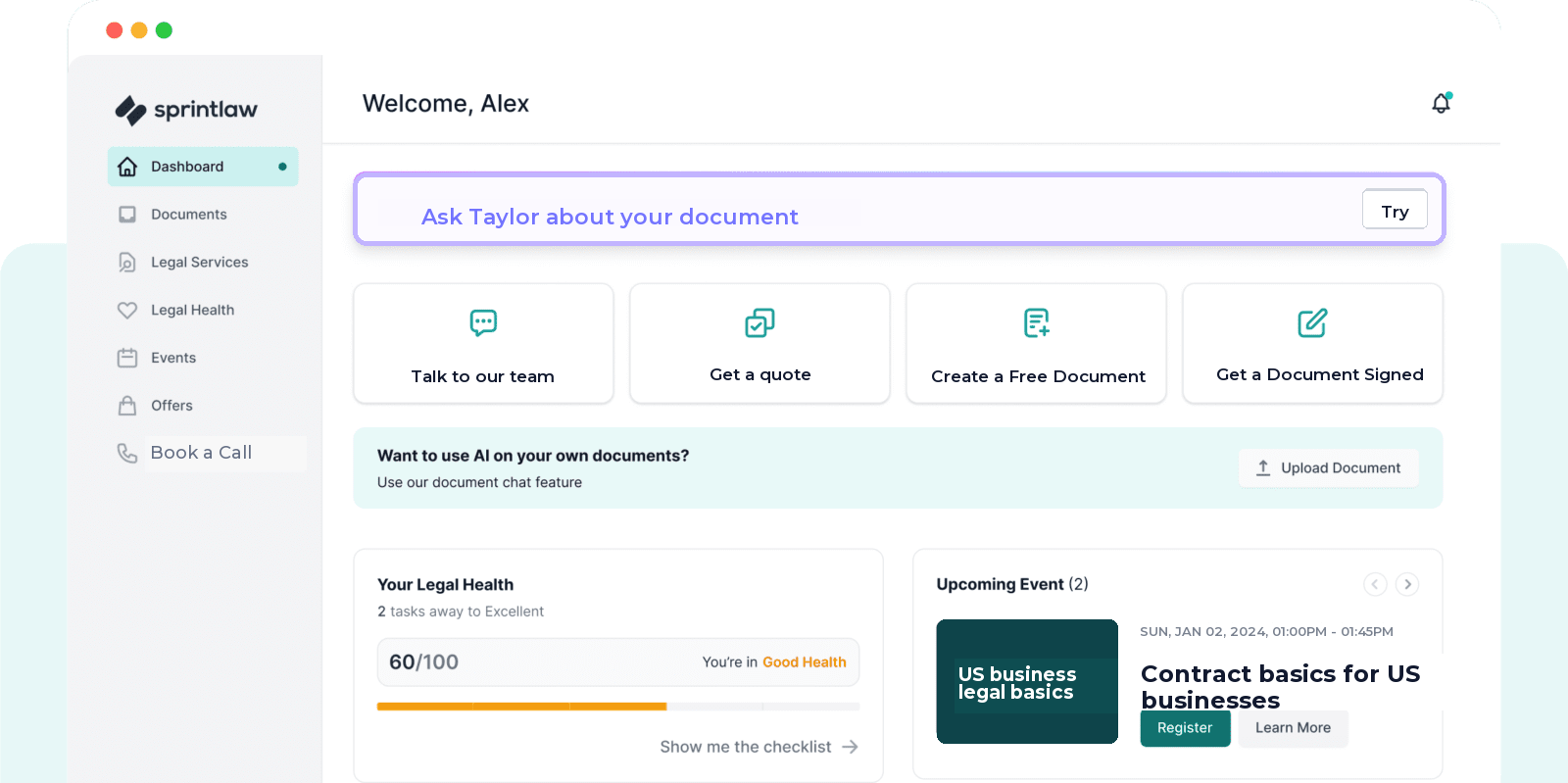 Sprintlaw legal platform dashboard